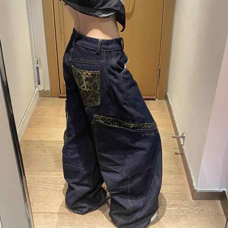 レディース デニムパンツ 秋用 ヒョウ柄 切り替え レトロ アメリカンスタイル ワイドレッグ ゆったり 大型ポケット カジュアル ストリートファッション 普段使い コットン混 ビッグシルエット