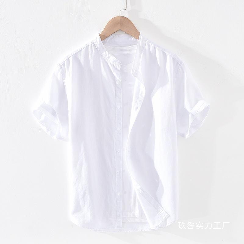 メンズ シャツ 夏用 ゆったり リネン 薄手 短袖 スタンドカラー コットン混 軽量 通気性 吸湿速乾 カジュアル 日常使い トップス ベーシック フィット 麻素材
