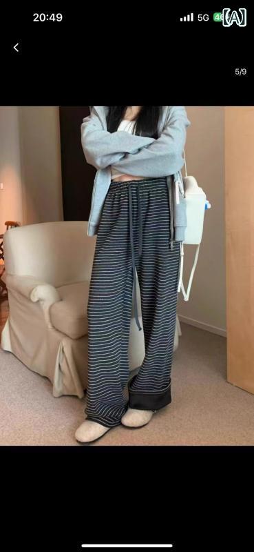 レディース 冬用 ワイドパンツ ストライプ 配色 起毛加工 ウール混 ドレープ感 ゆったりシルエット カジュアル 散歩用 ストレートレッグ ロング丈 柔らかい素材 暖か 日常使い