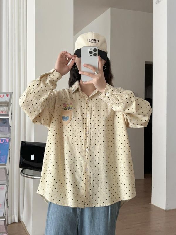 レディース 長袖 シャツ 冬 フィット ドット 花柄 プリント ハート 刺繍 パッチ 磨毛 加工 暖か 柔らか 素材 日常使い トップス