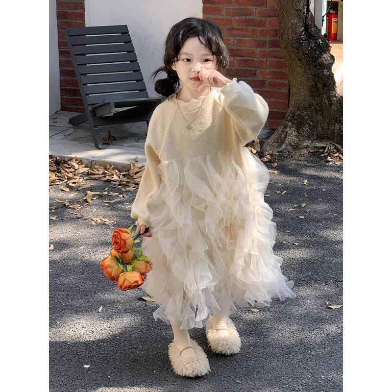 女の子 ロングスカート かわいい ベージュ ニット 切り替え チュール フリル 春 軽やか 柔らかい 素材 日常使い
