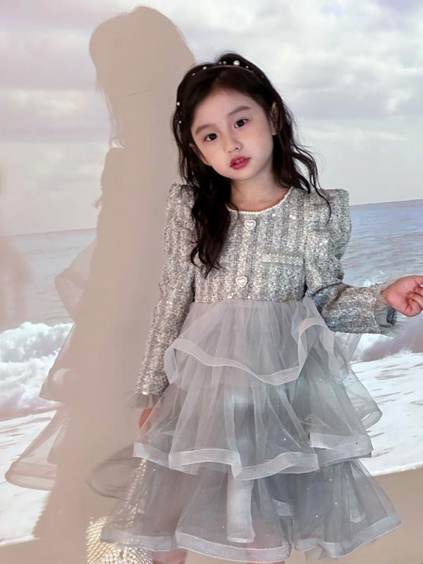 ワンピース 女の子用 秋冬 プリンセス レイヤード 高級感 フォーマルドレス おしゃれ 子供服 かわいい シルエット ニット素材