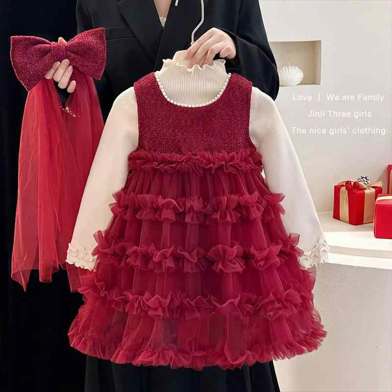 女の子用 秋冬 ノースリーブ ワンピース セット 暖か フリース 加工 ボリューム スカート キャミソール ドレス パーティー 普段使い かわいい プリンセス スタイル キッズ トップス スカート 組み合わせ 伸縮性 素材 軽量 快適