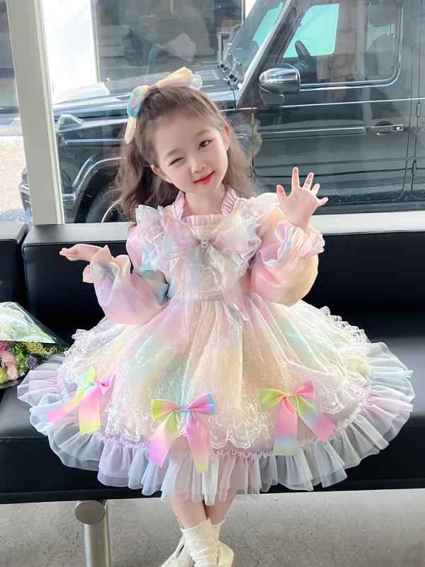 ワンピース 女の子 ロリータ プリンセスドレス 長袖 春秋 レース チュール フリルスカート 子供服 かわいい ベビー用 ピンク系 軽量 伸縮性
