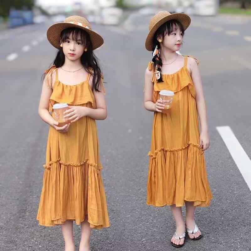 ワンピース 女児 夏 ビーチ リゾート 吊りストラップ 涼感 フリル 小柄 ドレス キャミソール 風 通気性 軽量 海辺 バカンス スカート トップス かわいい