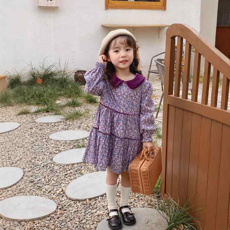 ワンピース 女の子用 紫系 花柄プリント 長袖 春 プリンセス ボリューム フレアスカート レース フリル スタンドカラー かわいい ガーリー おしゃれ 軽やか