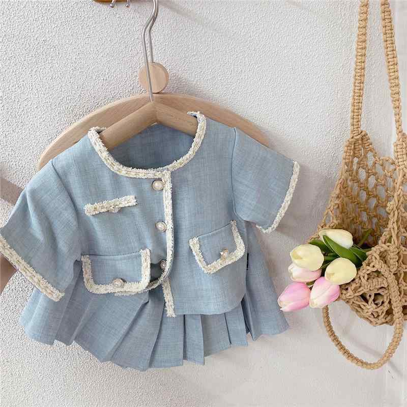 女児 夏 韓国 上品 短袖 トップス プリーツ スカート 2点セット 普段使い 軽量 綿素材 かわいい