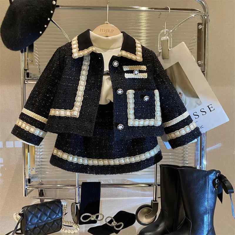 女の子用 テーラードジャケット 膝丈スカート セット 秋冬 綿入り 暖か スタイリッシュ 日常使い コットン混 軽量 かわいい シルエット