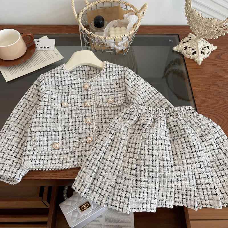 女児 春 千鳥格子柄 短スカート セットアップ かわいい スタイリッシュ コーディネート 女の子服 プリーツスカート 膝丈 軽量 綿素材 通学用 普段使い