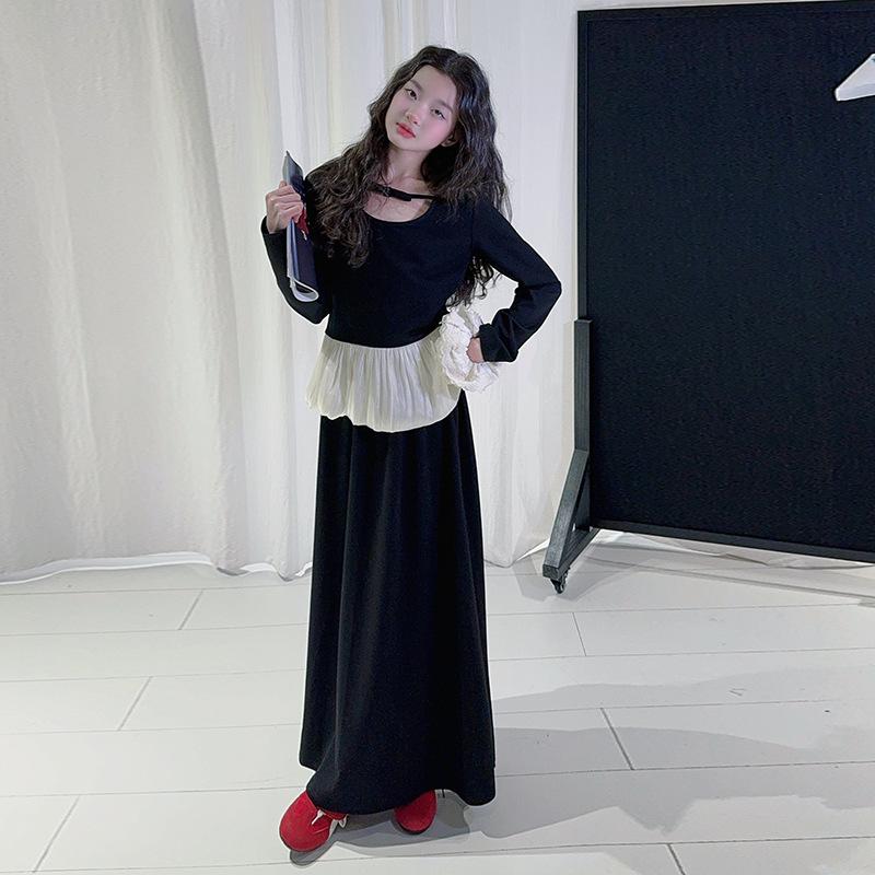 女児 春夏 フランス風 フリル 切り替え 長袖 トップス 膝丈 スカート セット デザイン かわいい セットアップ 日常使い 軽量 コットン 混 ピンク系 アイボリー