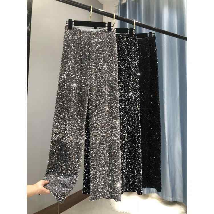 レディース 秋冬 厚手 ワイドレッグパンツ キラキラ シークイン ドレープ ロング丈 大きいサイズ 脚長効果 ストレート ボトムス 光沢 暖か カジュアル