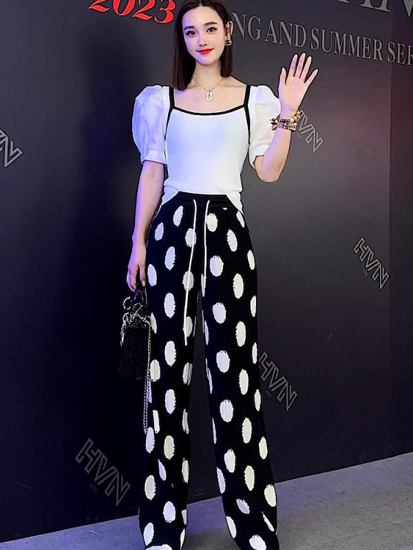 レディース トップス パンツ セット スクエアネック パフスリーブ ハイウエスト ドット柄 カジュアル 普段使い 伸縮性 軽量 コットン混 ブラック ピンク系 アイボリー