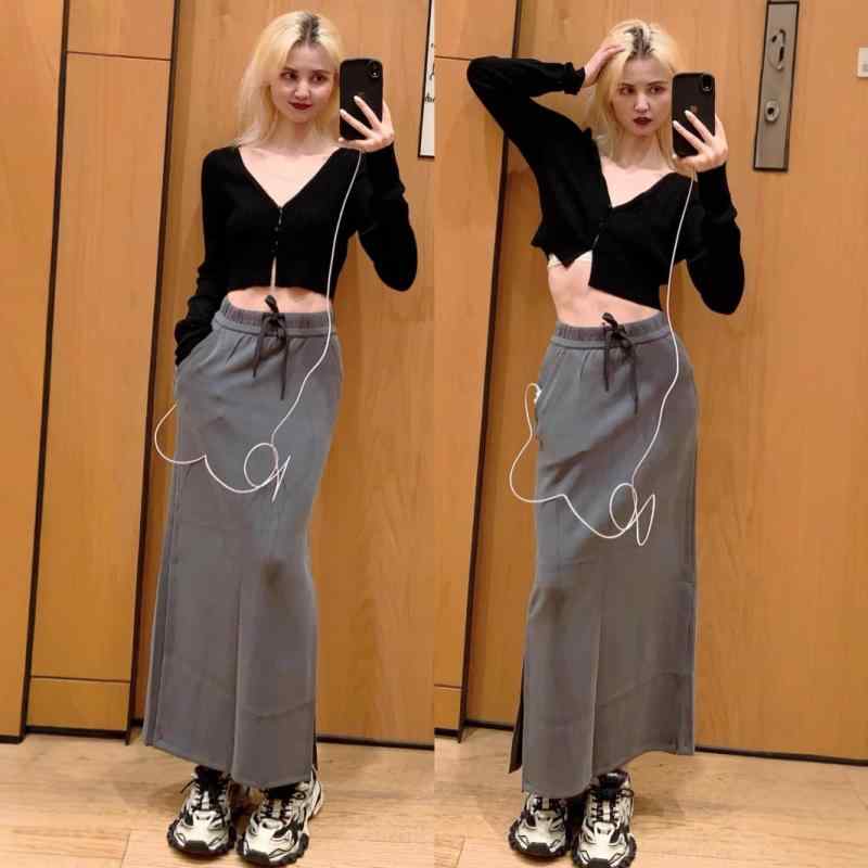レディース ロングスカート ドローコード ステップフレア 軽量 通気性 エアリーレイヤー 両サイドスリット 挿しポケット カジュアル 普段使い 快適 形状 ミディ丈