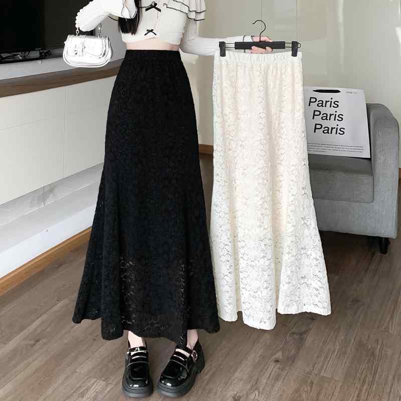 レディース 秋冬 暖か 厚手 レース マーメイド スカート 小柄向け ハイウエスト スリム見せ ドレープ 落ち感 Aライン ヒップハグ ロングスカート ハーフ丈 ミディ丈 女性用 膝下丈 膝丈 膝上丈 サイドスリット ウエストゴム ストレッチ素材 コット
