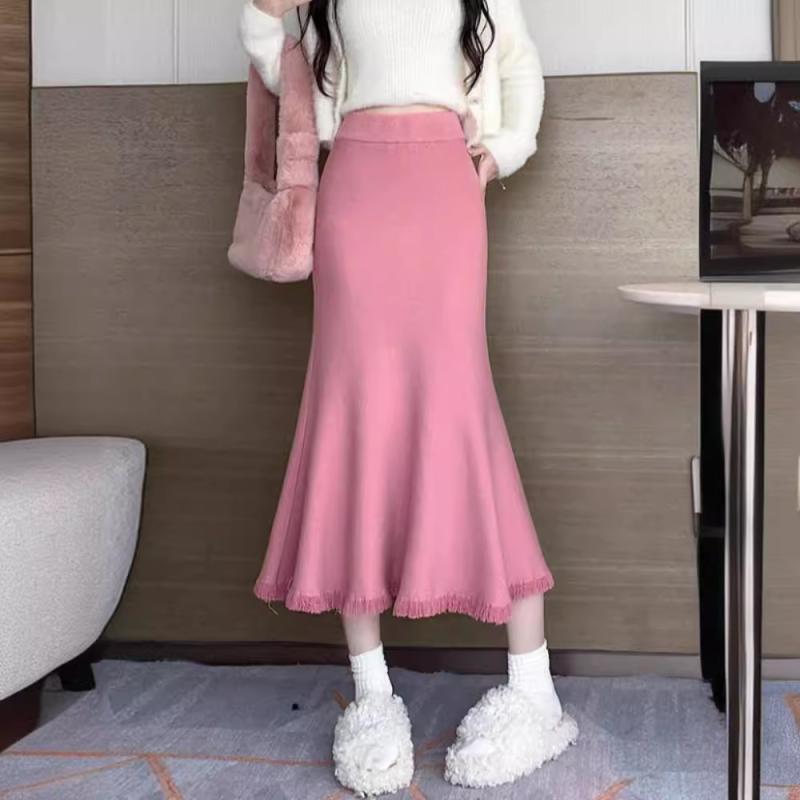 スカート レディース マーメイド ニット ハイウエスト Aライン 包臀 ロング丈 ドレープ感 伸縮性 暖か 秋冬 女性用 ミディ丈 タイトシルエット エレガント 普段使い