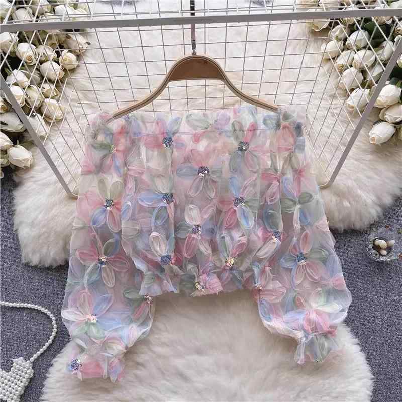 夏 レディース 長袖 オフショルダー ブラウス 花柄 チュール 細見え フレンチスタイル ガーリー トップス 通気性 軽量 カジュアル フェミニン