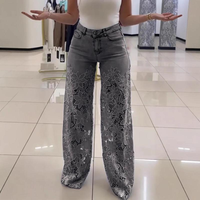 レディース パンツ ハイウエスト ワイドレッグ デニム 春夏 レース 切り替え ドレープ スタイリッシュ 百搭 ボトムス 普段使い 柔らかい落ち感
