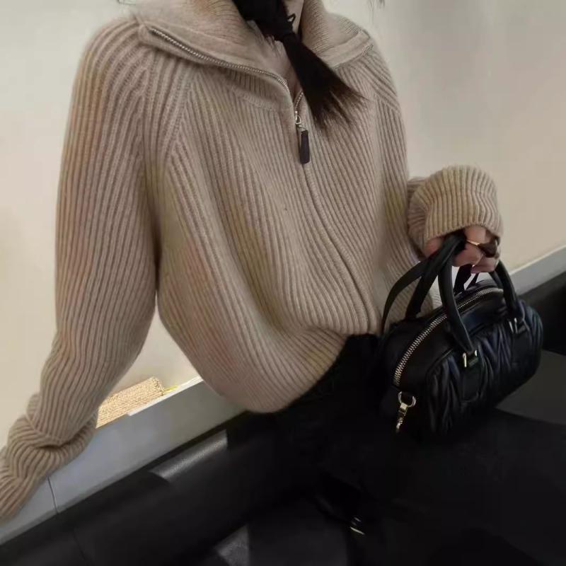 カーディガン レディース 秋冬 加厚 ウール カシミア ニット 二重ジッパー ラペルカラー 無地 ベーシック 暖か 高級感 コーディネート スタイリッシュ 軽量 伸縮性