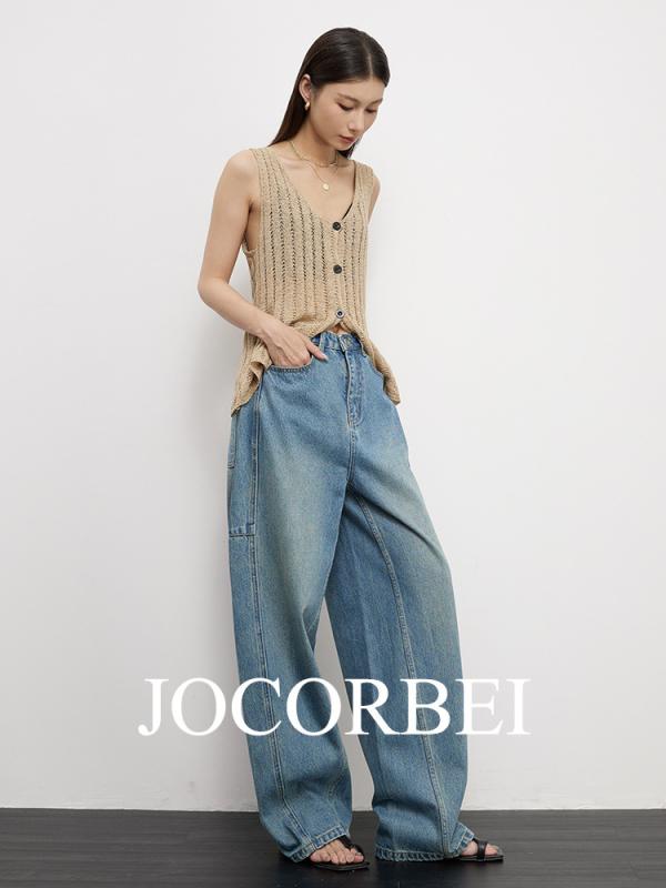 デニムパンツ ハイウエスト レトロ ブルー コクーンシルエット バナナパンツ ロング丈 カジュアル ストレッチ ジーンズ 普段使い 切り替え