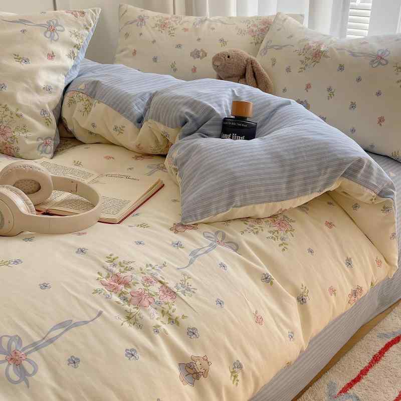 寝具セット かわいい犬柄 綿100% 四件セット ベッドシーツ 枕カバー 掛け布団カバー シングルサイズ 学生寮用 柔らかい肌触り 吸湿性 通年使用
