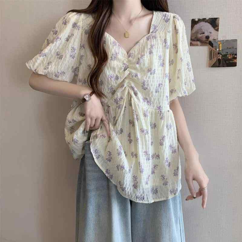 レディース フレンチ Vネック 花柄 シフォン 半袖 ブラウス 夏用 ビッグサイズ ゆったり スリム効果 体型カバー 軽量 通勤 普段使い トップス