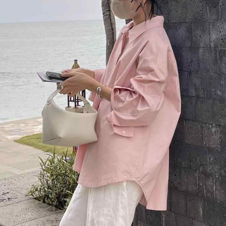 レディース シャツ ピンク 春夏 デザイン ゆったり 中長丈 スリム 上品 トップス 個性的 柔らかい シルエット エレガント