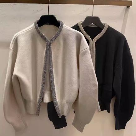 秋冬 カーディガン ニット 羊毛 混紡 ゆったり ルーズ フィット ジルコニア 輝き エレガント トップス アウター 暖か 素材 女性用 普段使い