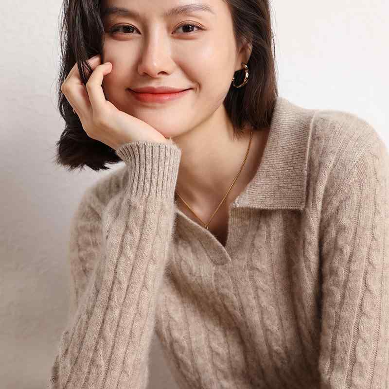 レディース ポロ襟 カシミヤ ニットセーター 厚手 ゆったり ケーブル編み 100% カシミヤ羊毛 秋冬 暖か 柔らかい トップス｜日用雑貨　RISE店