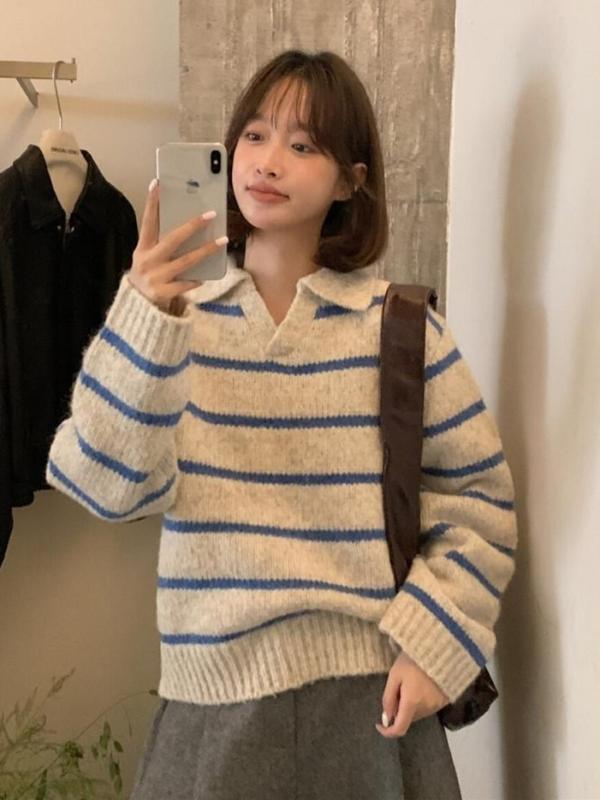レディース ゆったり V素っ首 青み 縞模様 朦々たる 編み物スウェーター 秋冬 心地好い 生あたたかい パステル色の ひな型 佇まい