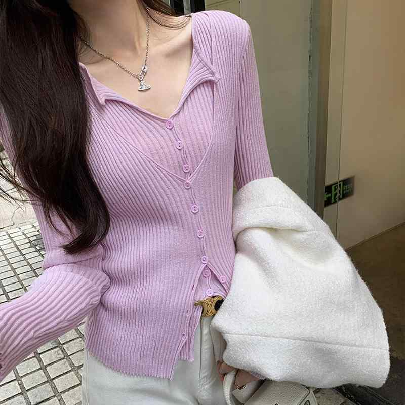レディース ニットセーター Vネック フェイクツーピース ウール素材 秋冬 高級感 インナー トップス レイヤード 暖か ストレッチ 柔らか ベーシック スタイル
