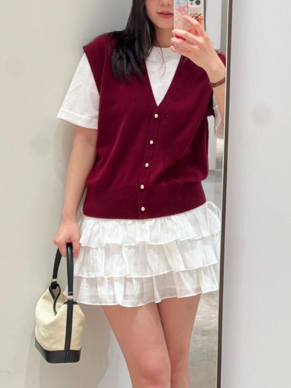 レディース 春夏 V素っ首 編み物 トップス フェイクツーピース ぶどう酒赤いこと 窈窕たる か細い影ぼうし 修身 軽さ 伸縮性 普段使い