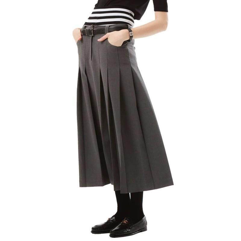 スカート レディース グレー プリーツ Aライン ミディ丈 サイドポケット テーラード風 ハリ感 スリム効果 秋 スタイリッシュ 普段使い