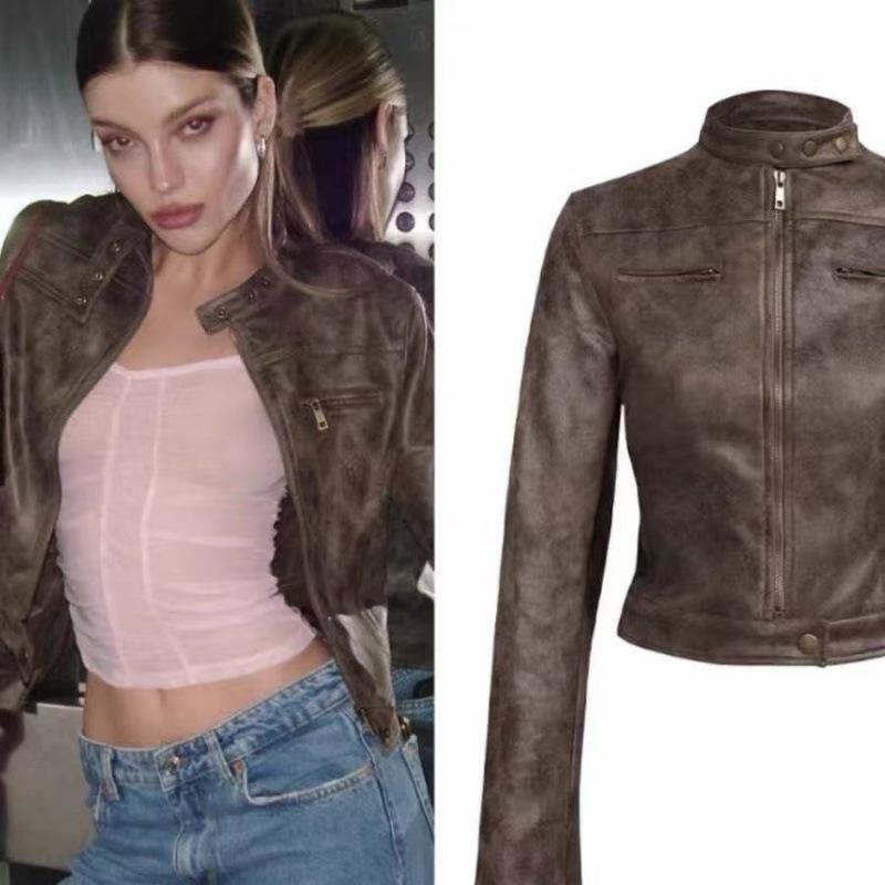 女性用 秋 ライダースジャケット レザー ショート丈 スリムフィット ヴィンテージ加工 アメリカンスタイル レトロ ストリートファッション 軽量 アウター トップス 6,699円