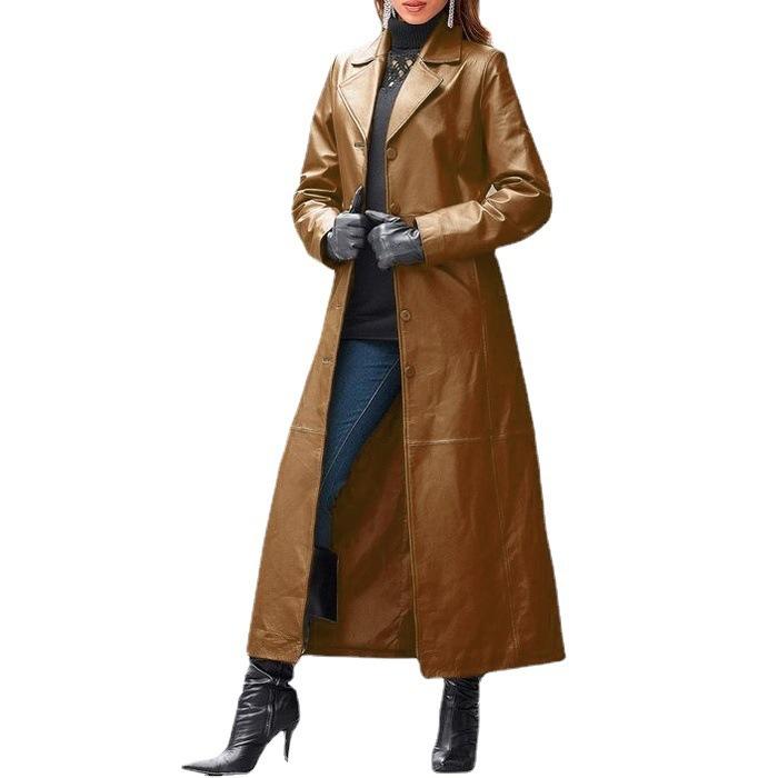 秋 レザーコート ロング丈 スリムフィット 無地 PU革 合成皮革 女性用 上品 スタイリッシュ ファッション アウター 普段使い 通勤 軽量 伸縮性