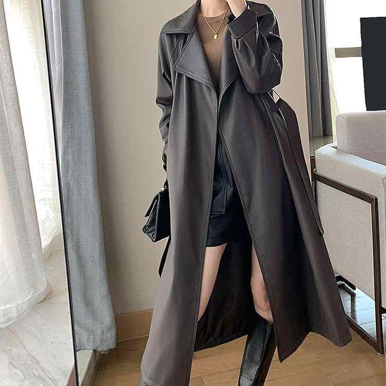 レディース ロング厚地の外套 練りあわせるなめし革 膝下丈 トレンチコート 烏兎用 レトロ 冷やりとした 窈窕たる 肌目 今めかしい 軽さ 普段使い