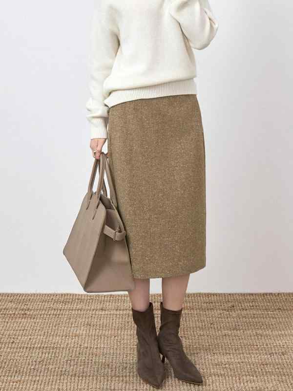 女性用 スカート 秋冬 ウール シルク ミディ レトロ ハイウエスト Aライン 後ろスリット 暖か 光沢 スタイリッシュ 膝丈 フェミニン