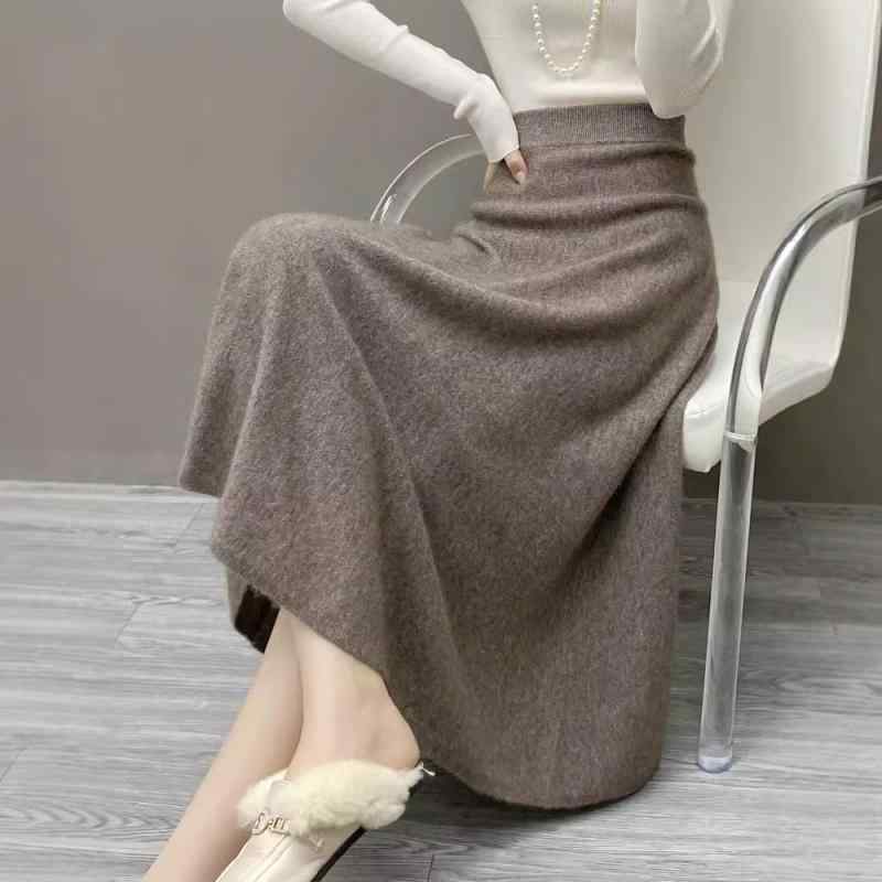 レディース スカート ハイウエスト Aライン ロング 秋冬 カシミヤ ウール 厚手 カジュアル 柔らかい ドレープ感 暖か 日常使い