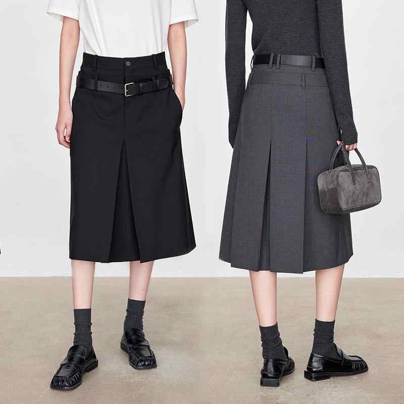 スカート レディース 秋冬 プリーツ Aライン ミディ丈 ダブルウェスト スタイルアップ ウール混 精紡生地 高級感 暖か 10,368円
