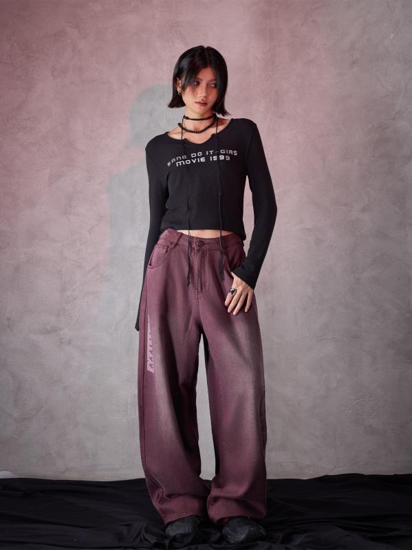 パンツ 女性用 ハイウエスト ワイドレッグ ロングパンツ グラデーション アルファベット プリント ルーズフィット フロア丈 カジュアル ストリートスタイル スッキリシルエット 脚長効果 普段使い|日用雑貨 RISE店