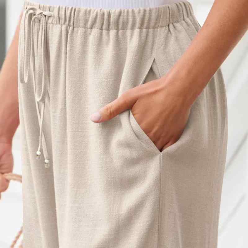 ワイドレッグパンツ レディース 夏 リネン ドローストリング ビーチ ゆったり ポケット付き 軽量 通気性 吸湿速乾 カジュアル リゾート ナチュラル