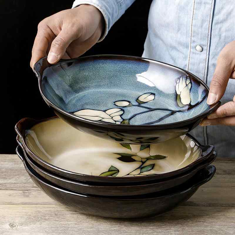 陶器 魚形 楕円皿 双耳付き 風 野菜皿 大型 家庭用 サラダ皿 セラミック ディッシュ プレート 日常使い 食器 デザート皿