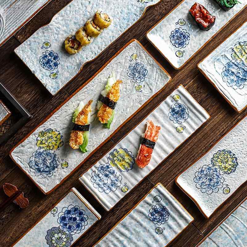 陶器 長方形 寿司皿 刺身プレート 家庭用 商用 盛り付け皿 レストラン食器 クリエイティブ デザイン 西洋風 料理用 耐久性 シンプル 形状 日常使い