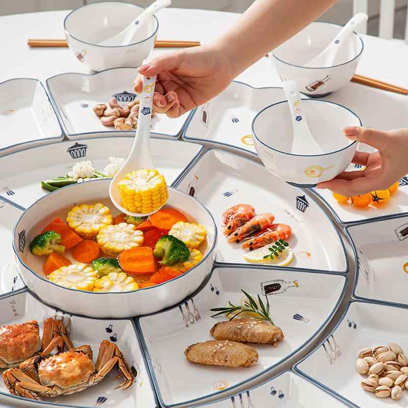 食器セット 陶器 家庭用 団円 盛り合わせ ボウル 皿 丸テーブル対応 耐久性 シンプルデザイン