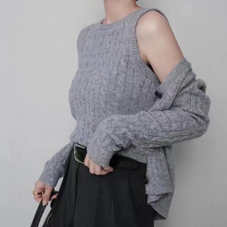 ニット トップス レディース 春夏 ノースリーブ ラウンドネック リネン ビーズ 装飾 シンプル エレガント ベスト タンクトップ 軽量 吸湿速乾 通勤 普段使い