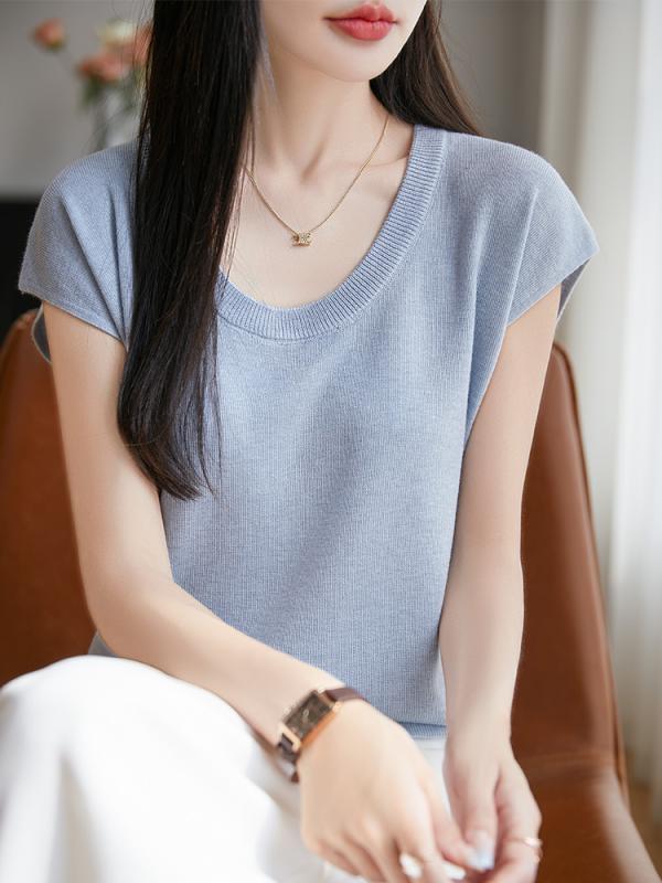レディース 春夏 Uネック ニット 短袖 Tシャツ ドーパミンカラー 落とし肩 トップス スリム 細見え インナー かわいい 気質 上品 カジュアル 普段使い 伸縮性