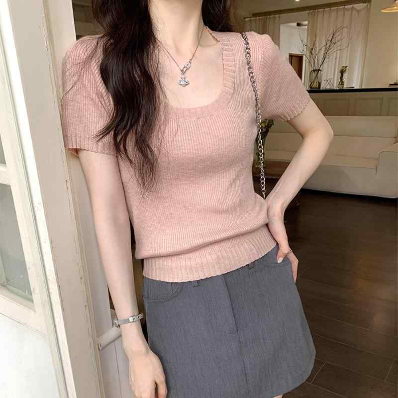 ニットトップス 女性用 夏 Uネック 伸縮性 薄手 半袖 親肌 スリムフィット 上品 短丈 吸湿速乾 軽量 普段使い