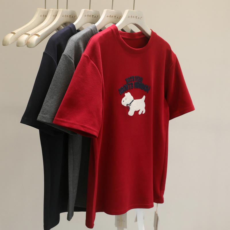 Tシャツ レディース 短袖 丸首 ゆったり 小犬刺繍 春 トップス インナー ベーシック カジュアル 日常使い かわいい 軽量 コットン風 リラックスフィット
