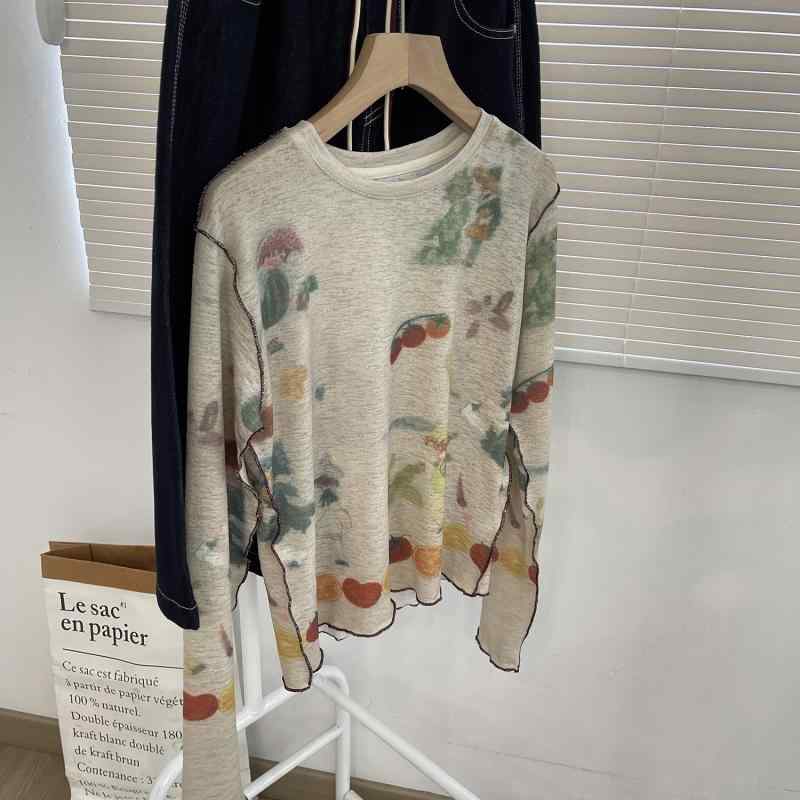 レディース 長袖Tシャツ 韓国風 ラッフル袖 夏用 UVカット レトロ花柄プリント 薄手 ステッチデザイン 通気性 軽量 トップス カバーアップ