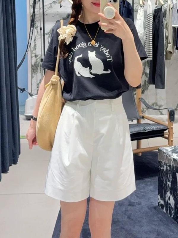 レディース 夏用 猫柄プリント 短袖 Tシャツ クルーネック ゆったり ルーズフィット スリムシルエット コットン トップス カジュアル 普段使い 通気性 軽量