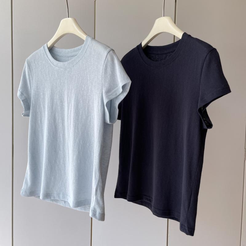 Tシャツ レディース 夏 短袖 ゆったり 薄手 通気性 吸湿速乾 麻素材 ラウンドネック スリムシルエット プルオーバー ネイビー トップス 普段使い 軽量
